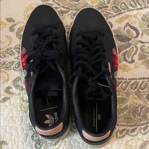 Adidas Women's Black Sneakers with Pink Floral Embroidery